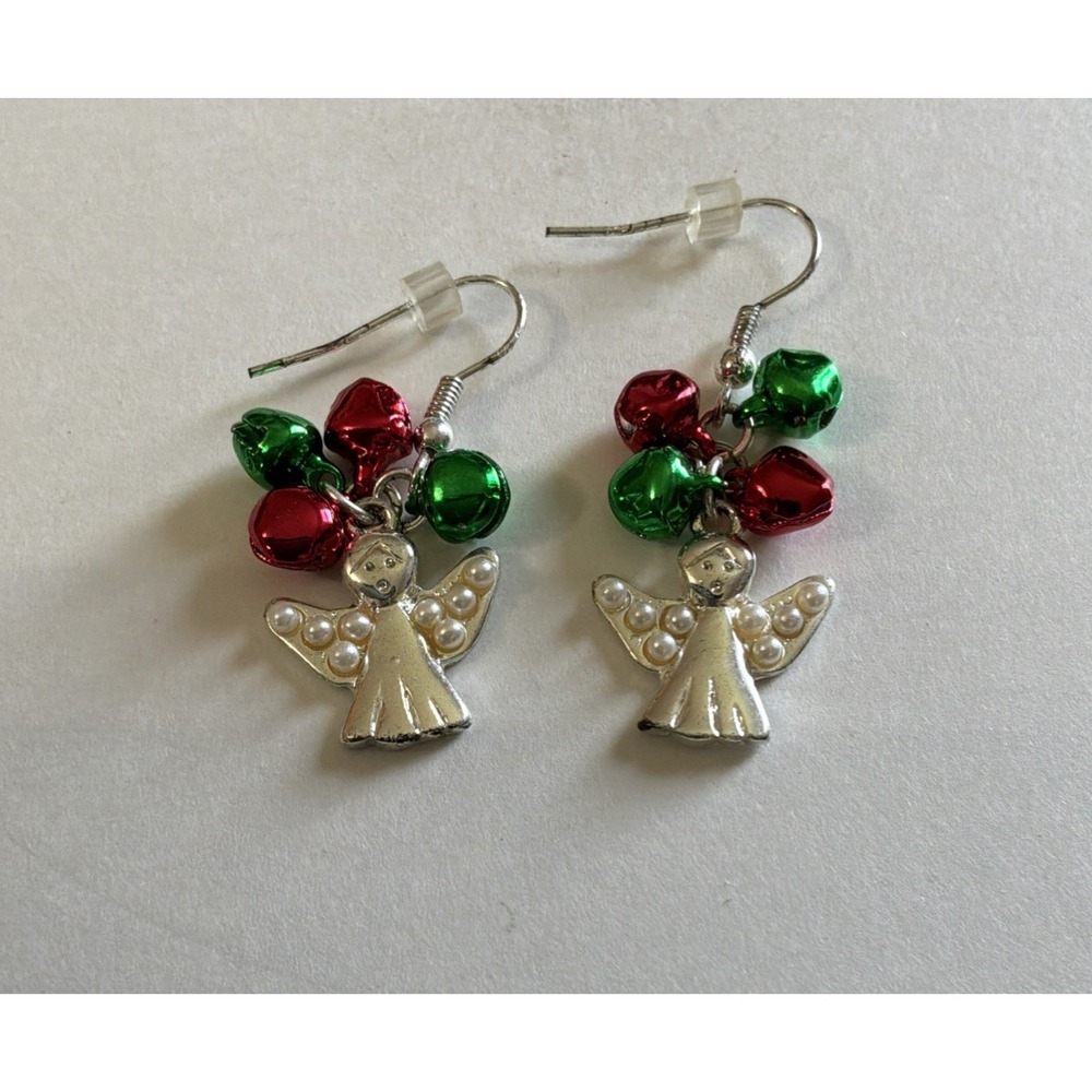 Angel Christmas Holiday Charm Jingle Bell Dangle Pierced Wired Earrings Silver